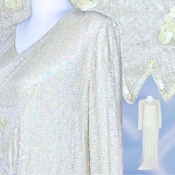 Vintage Dresses & Skirts - Vintage 100% Silk Ivory 70s 80s Fully Beaded Sequin Long Sleeve Dress